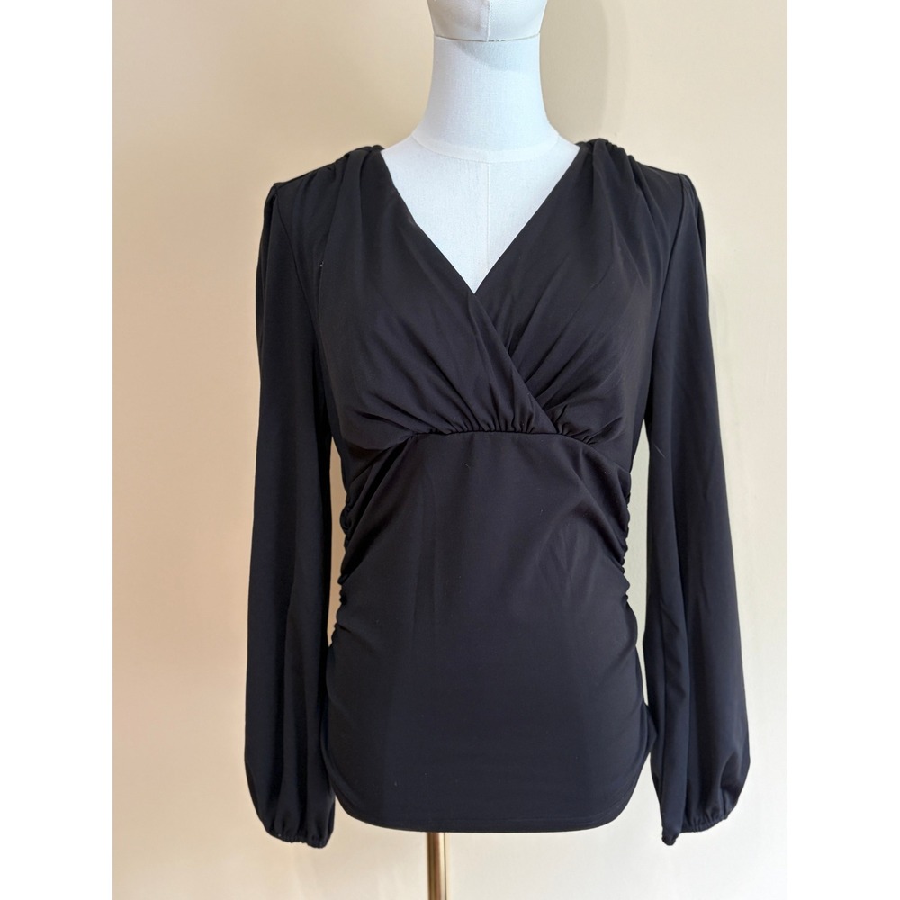 Grace Karin Black Ruched V-Neck Long Sleeve Blouse Women Size M Excellent